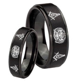 His Hers Masonic 32 Design Step Edges Brush Black Tungsten Mens Ring Set