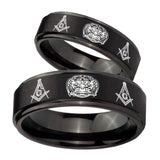 His Hers Masonic 32 Design Step Edges Brush Black Tungsten Mens Ring Set