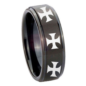 10mm Multiple Maltese Cross Step Edges Brush Black Tungsten Mens Promise Ring