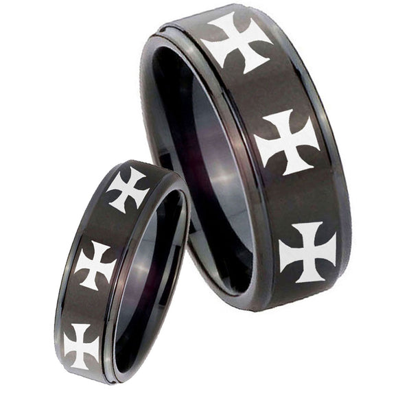 His Hers Multiple Maltese Cross Step Edges Brush Black Tungsten Engraved Ring Set