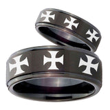 His Hers Multiple Maltese Cross Step Edges Brush Black Tungsten Engraved Ring Set