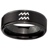 10mm Aquarius Horoscope Step Edges Brush Black Tungsten Custom Ring for Men