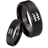 His Hers Aquarius Horoscope Step Edges Brush Black Tungsten Wedding Ring Set