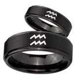 His Hers Aquarius Horoscope Step Edges Brush Black Tungsten Wedding Ring Set