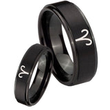 His Hers Aries Zodiac Step Edges Brush Black Tungsten Wedding Engraving Ring Set