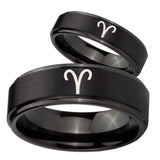 His Hers Aries Zodiac Step Edges Brush Black Tungsten Wedding Engraving Ring Set