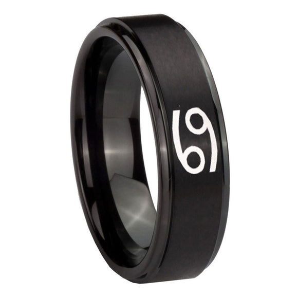 10mm Cancer Horoscope Step Edges Brush Black Tungsten Carbide Engraved Ring