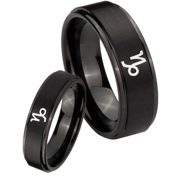 His and Hers Capricorn Zodiac Step Edges Brush Black Tungsten Bands Ring Set