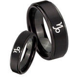 His and Hers Capricorn Zodiac Step Edges Brush Black Tungsten Bands Ring Set