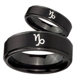 His and Hers Capricorn Zodiac Step Edges Brush Black Tungsten Bands Ring Set