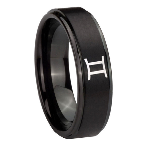 10mm Gemini Zodiac Step Edges Brush Black Tungsten Carbide Men's Band Ring