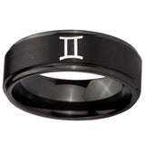 10mm Gemini Zodiac Step Edges Brush Black Tungsten Carbide Men's Band Ring