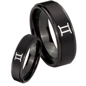 His Hers Gemini Zodiac Step Edges Brush Black Tungsten Custom Mens Ring Set