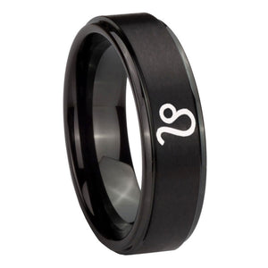 10mm Leo Zodiac Step Edges Brush Black Tungsten Carbide Mens Bands Ring