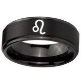 10mm Leo Zodiac Step Edges Brush Black Tungsten Carbide Mens Bands Ring