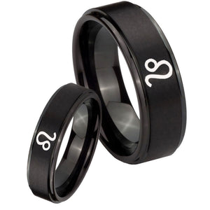 His Hers Leo Zodiac Step Edges Brush Black Tungsten Custom Ring for Men Set