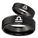 His Hers Libra Horoscope Step Edges Brush Black Tungsten Engagement Ring Set