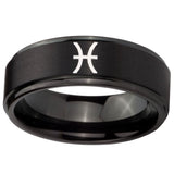 10mm Pisces Zodiac Step Edges Brush Black Tungsten Carbide Mens Engagement Band