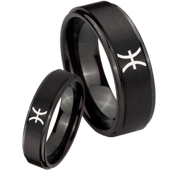 His and Hers Pisces Zodiac Step Edges Brush Black Tungsten Engraved Ring Set