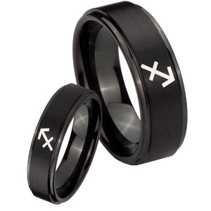 His Hers Sagittarius Zodiac Step Edges Brush Black Tungsten Men's Ring Set