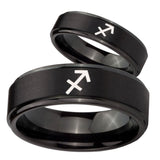 His Hers Sagittarius Zodiac Step Edges Brush Black Tungsten Men's Ring Set