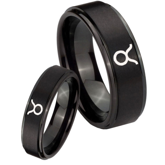 His Hers Taurus Horoscope Step Edges Brush Black Tungsten Mens Bands Ring Set