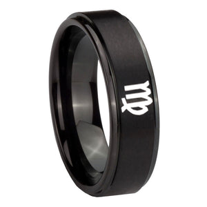 10mm Virgo Zodiac Step Edges Brush Black Tungsten Carbide Mens Promise Ring