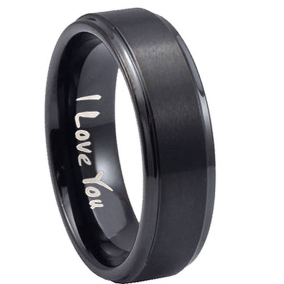 10mm I Love You Step Edges Brush Black Tungsten Carbide Wedding Engraving Ring