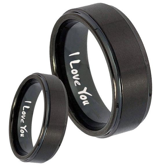 His Hers I Love You Step Edges Brush Black Tungsten Mens Anniversary Ring Set