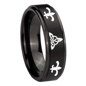 10mm Celtic Triangle Fleur De Lis Step Edges Brush Black Tungsten Engraved Ring