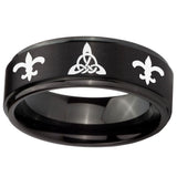 10mm Celtic Triangle Fleur De Lis Step Edges Brush Black Tungsten Engraved Ring