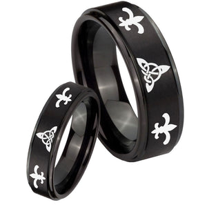 His Hers Celtic Triangle Fleur De Lis Step Edges Brush Black Tungsten Mens Ring Set