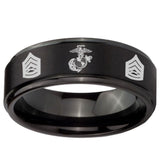 10mm Marine Army Sergeant Step Edges Brush Black Tungsten Carbide Mens Ring