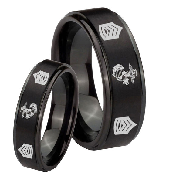 His Hers Marine Army Sergeant Step Edges Brush Black Tungsten Men's Wedding Ring Set