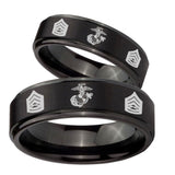 His Hers Marine Army Sergeant Step Edges Brush Black Tungsten Men's Wedding Ring Set