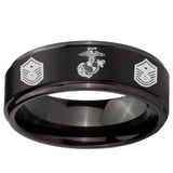 10mm Marine Chief Master Sergeant  Step Edges Brush Black Tungsten Carbide Men's Ring