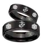 His Hers Marine Chief Master Sergeant  Step Edges Brush Black Tungsten Ring Set