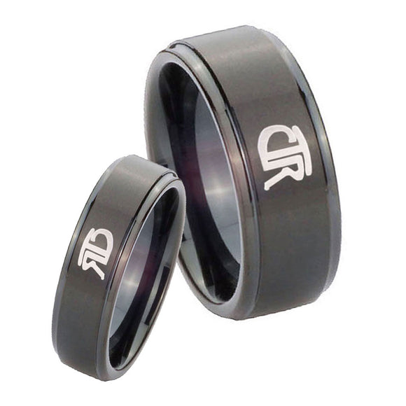 Bride and Groom CTR Step Edges Brush Black Tungsten Carbide Mens Bands Ring Set
