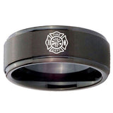 10mm Fire Department Step Edges Brush Black Tungsten Carbide Custom Mens Ring