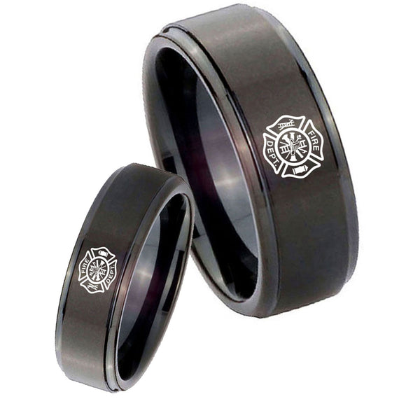 His Hers Fire Department Step Edges Brush Black Tungsten Men's Bands Ring Set
