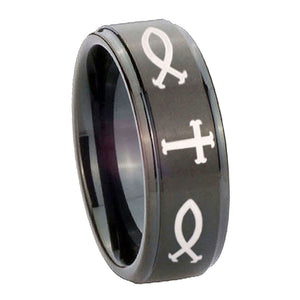 10mm Fish & Cross Step Edges Brush Black Tungsten Carbide Custom Ring for Men