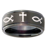 10mm Fish & Cross Step Edges Brush Black Tungsten Carbide Custom Ring for Men