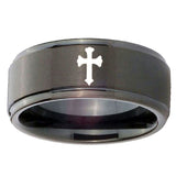 10mm Flat Christian Cross Step Edges Brush Black Tungsten Engagement Ring
