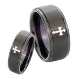 His Hers Flat Christian Cross Step Edges Brush Black Tungsten Men's Band Set