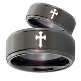 His Hers Flat Christian Cross Step Edges Brush Black Tungsten Men's Band Set