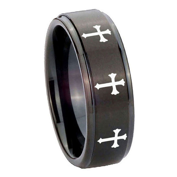 10mm Multiple Christian Cross Step Edges Brush Black Tungsten Engraved Ring