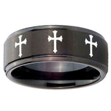 10mm Multiple Christian Cross Step Edges Brush Black Tungsten Engraved Ring