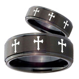 His Hers Multiple Christian Cross Step Edges Brush Black Tungsten Mens Ring Set