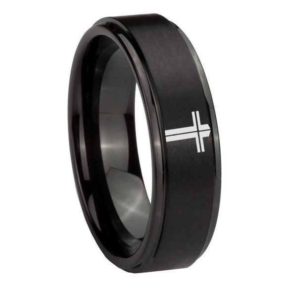 10mm Flat Christian Cross Step Edges Brush Black Tungsten Mens Anniversary Ring