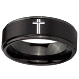 10mm Flat Christian Cross Step Edges Brush Black Tungsten Mens Anniversary Ring